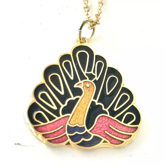 Vintage Cloisonné Peacock Pendant Necklace Enamel Gold Plated Purple Pink Black - Picture 6 of 11